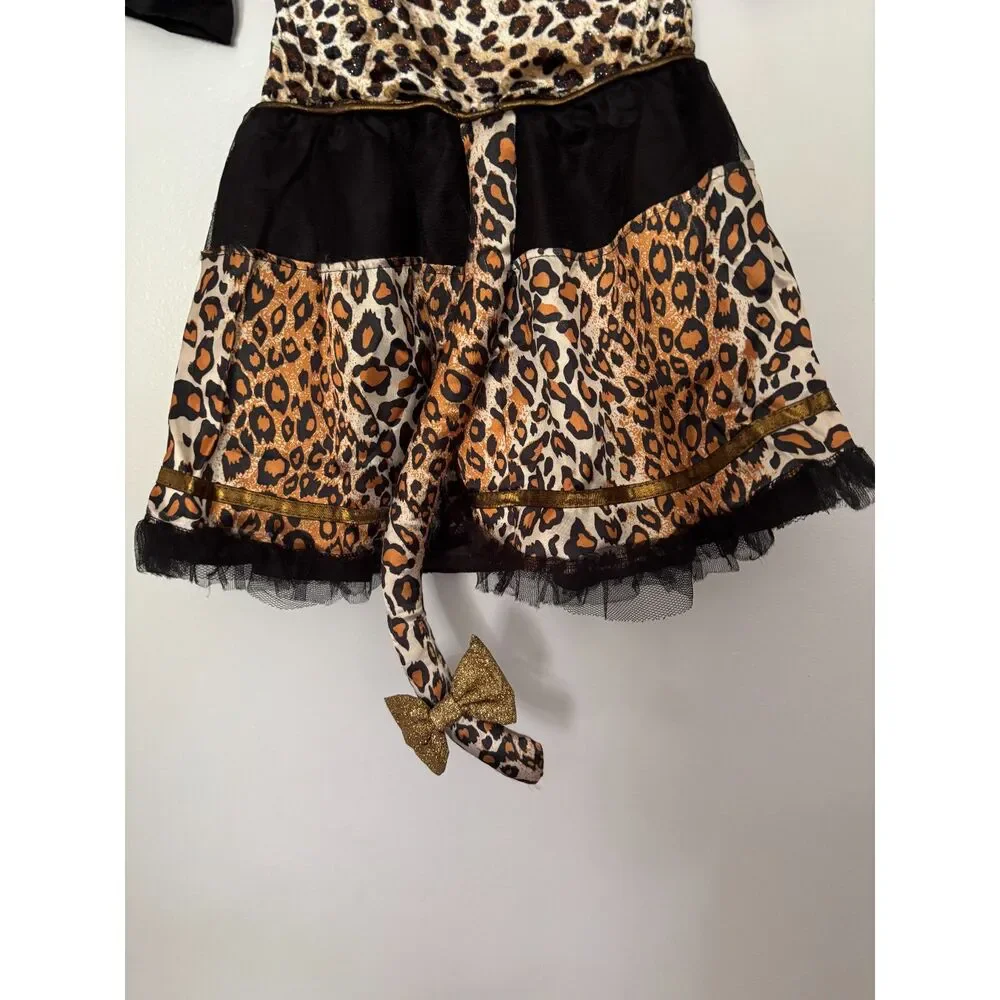 Girls Leopard Cat Costume Size 7-8 Hood Ears Tail Tutu Dress Halloween Cheetah
